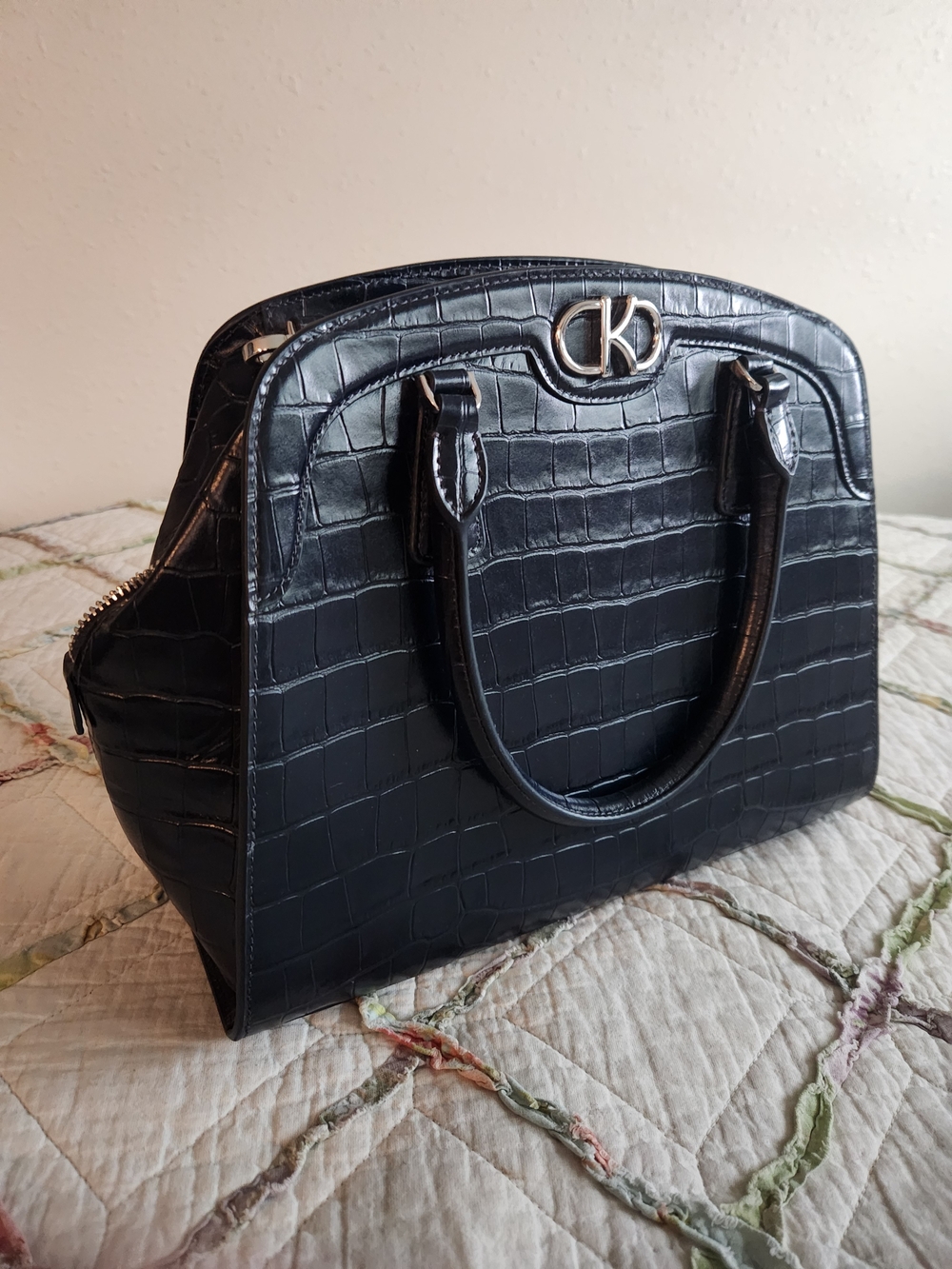 Kate Spade Blazer Blue Croc-Embossed Satchel, Silver Hardware, Crossbody Strap